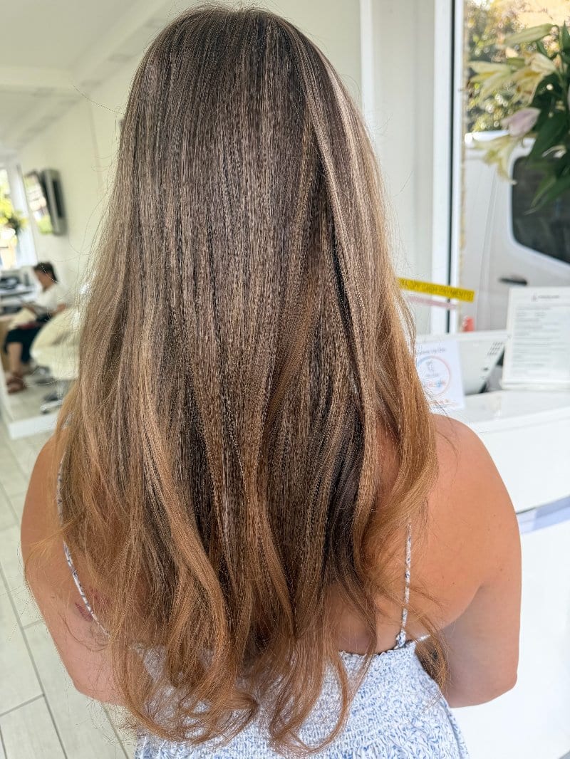 Long brown hair with a honey balayage on the ends
