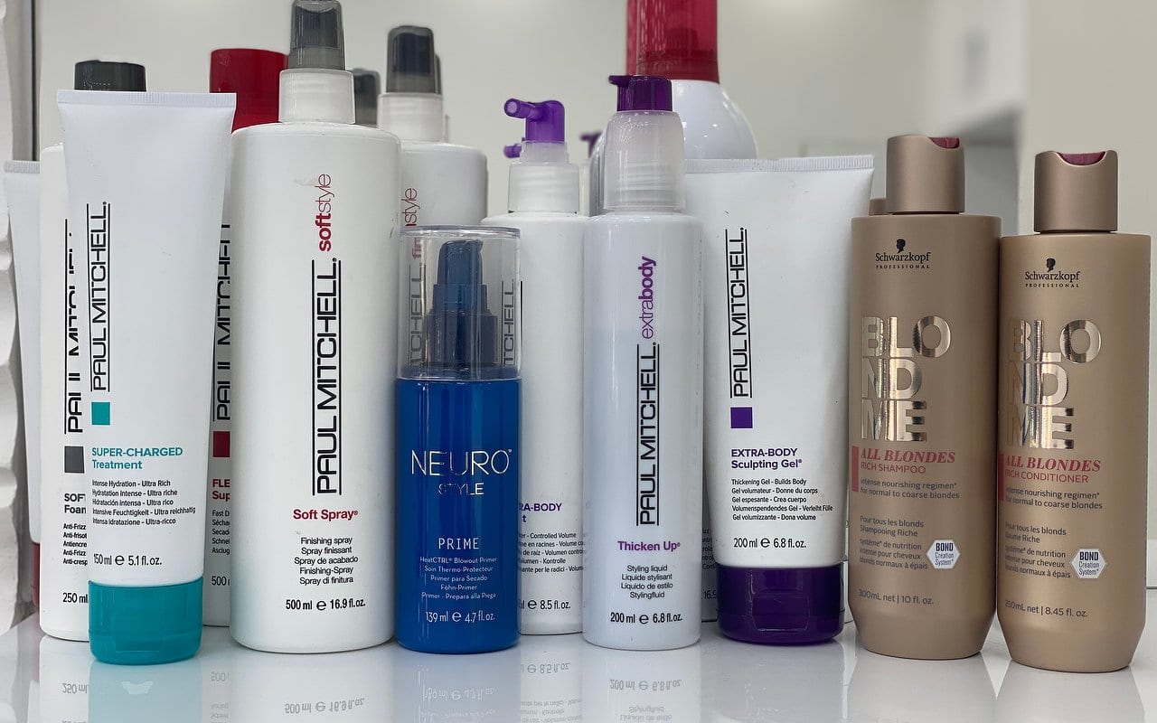 Salon retail range including Paul Mitchell styling products, Neuro Style prime and Schwarzkopf BlondMe blonde shampoo and conditioner
